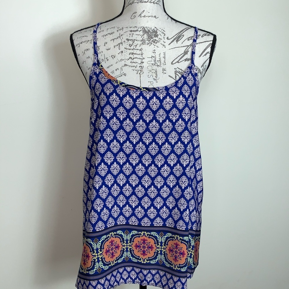 Luxe Geometric Blue Patterned‎ Sleeveless Racer Back Hem Border Design Dressy